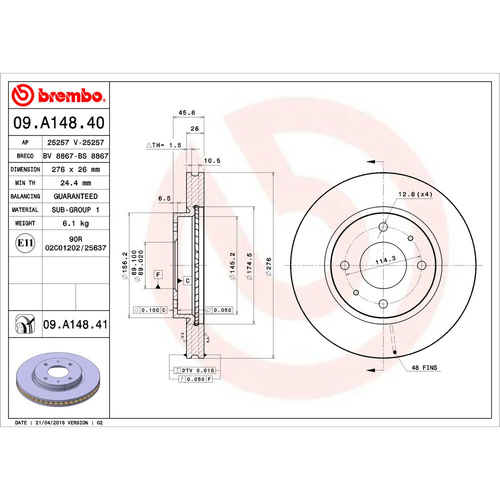 BREMBO DISC BRAKE ROTOR 09.A148.41 (PAIR)